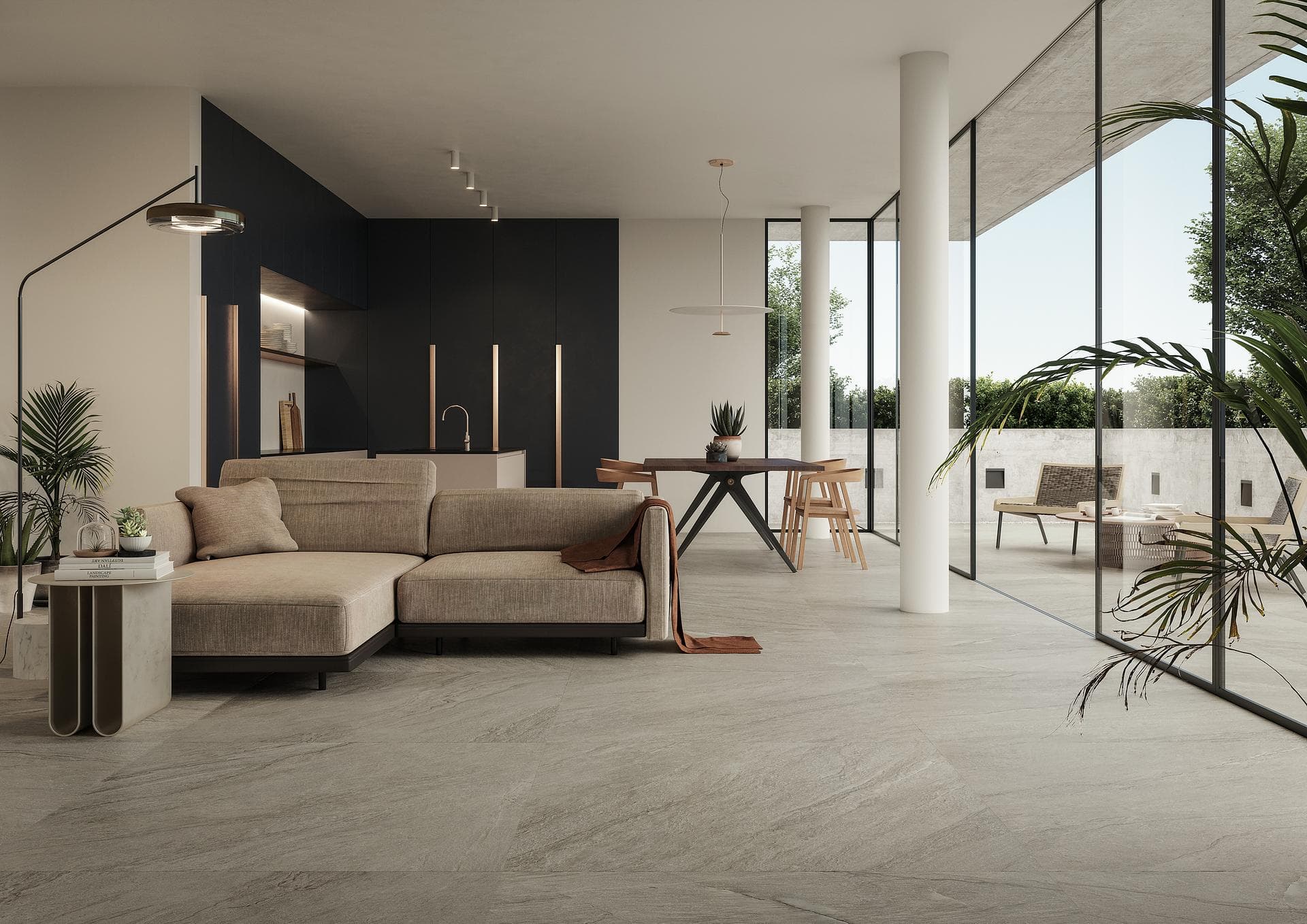 Salón con suelo efecto piedra y terraza Ver la galería