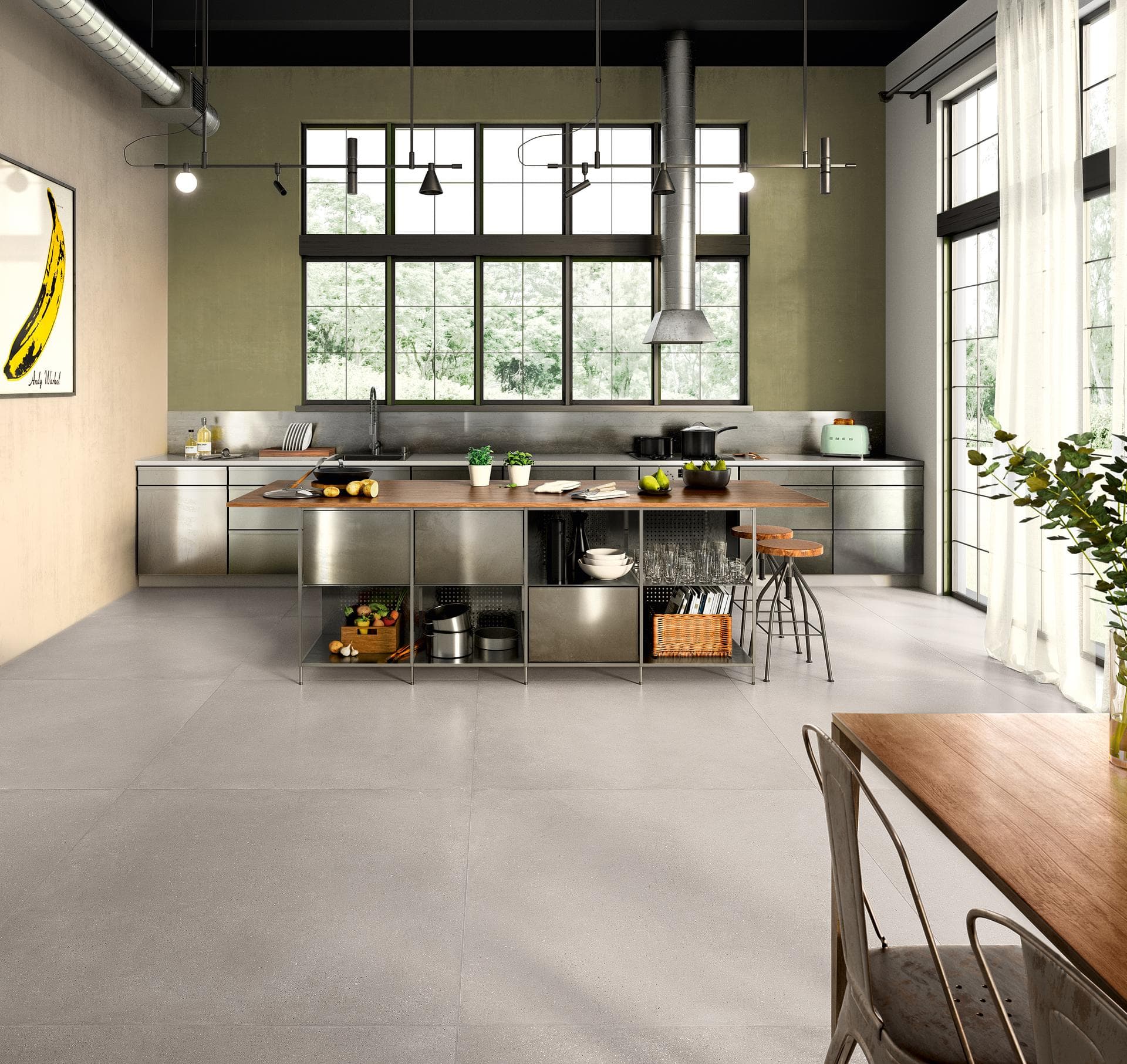 Industrial kitchen with concrete-effect floor Open-plan kitchen with steel island and matt white concrete-effect 120x120 floor tiles