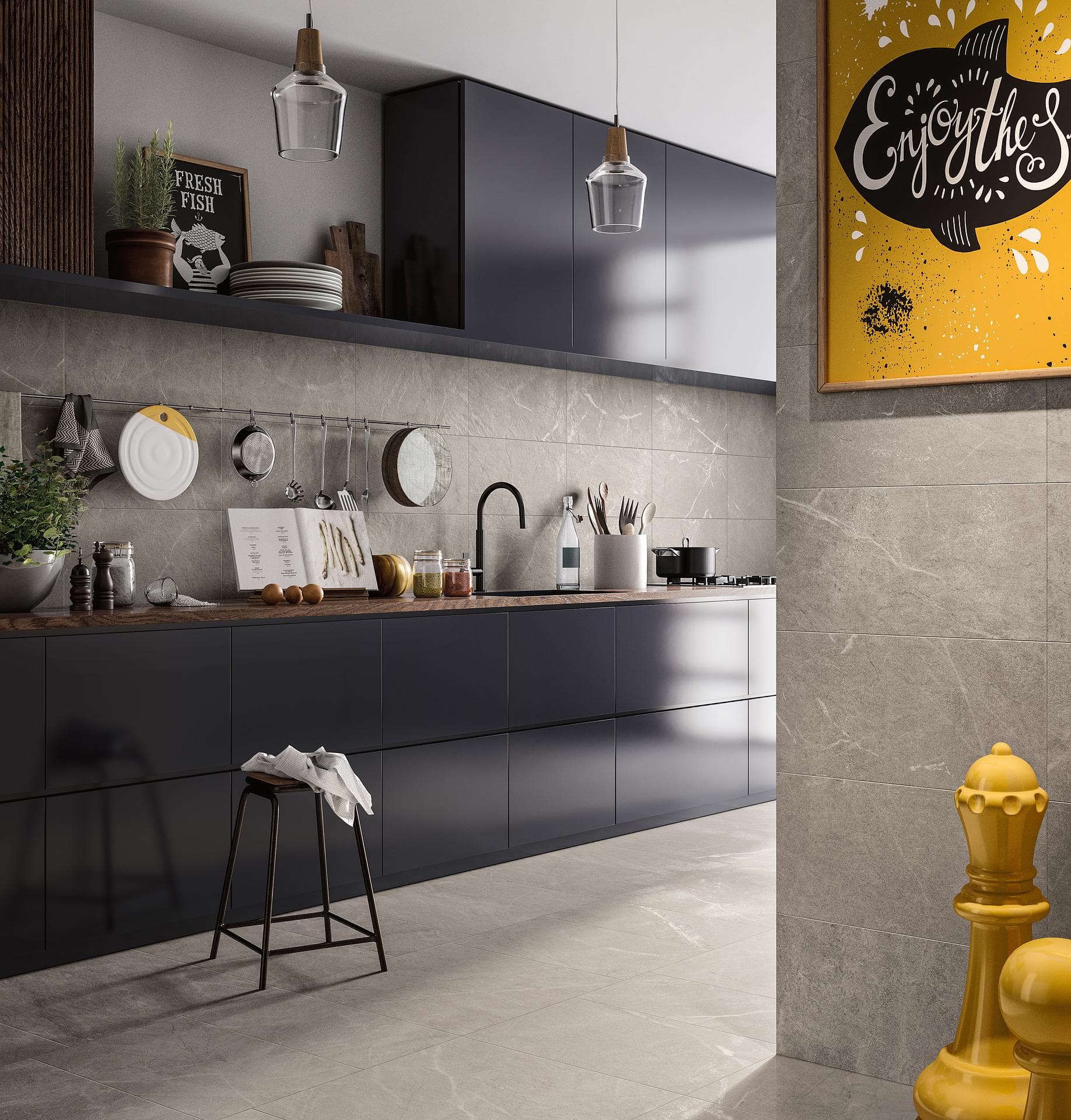 Cucina con gres effetto pietra beige Cucina lineare con ante blu scuro, pavimento e rivestimento in gres effetto pietra beige opaco