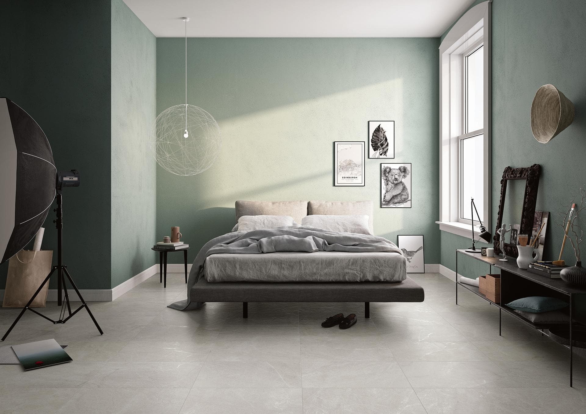 Camera da letto con pavimento effetto pietra bianco Camera da letto con pareti verdi e pavimento in gres effetto pietra bianco opaco 60x60