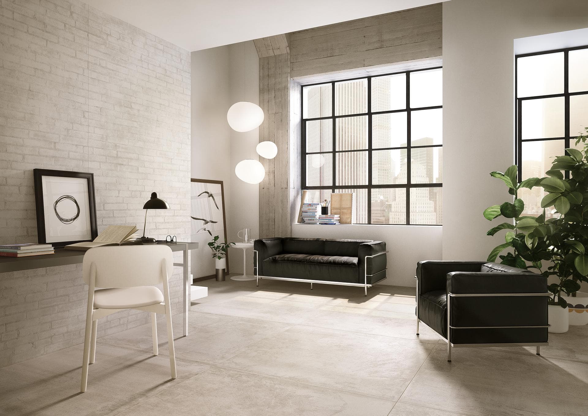 Loft-Wohnraum mit weissem matten Boden Loft-Wohnraum mit grossformatigen weissen matten Bodenfliesen, schwarzem Ledersofa und hohen Sprossenfenstern