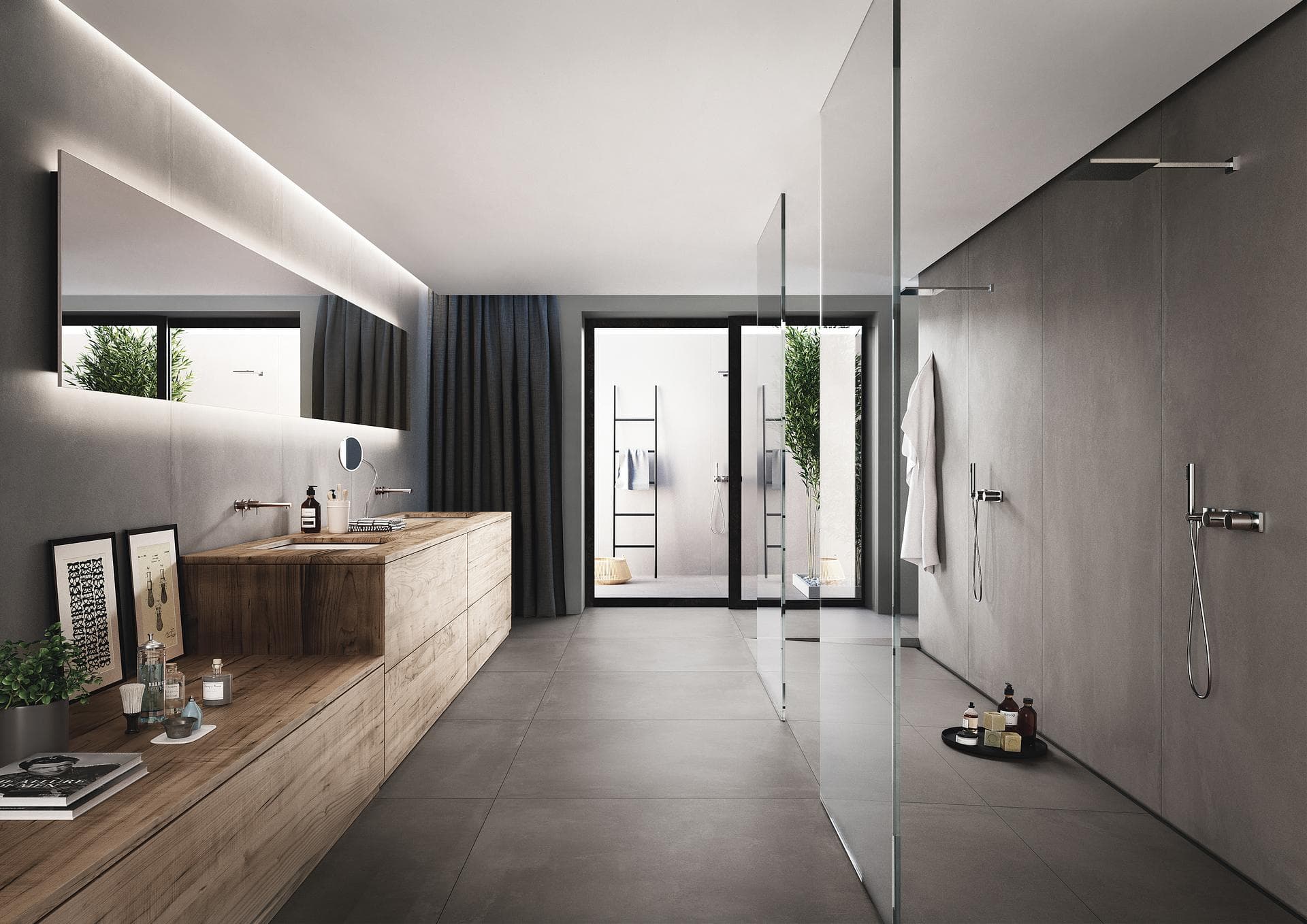 Bathroom in dark grey concrete-effect porcelain Bathroom with walk-in shower, matt dark grey concrete-effect porcelain walls and floor and a wooden vanity unit