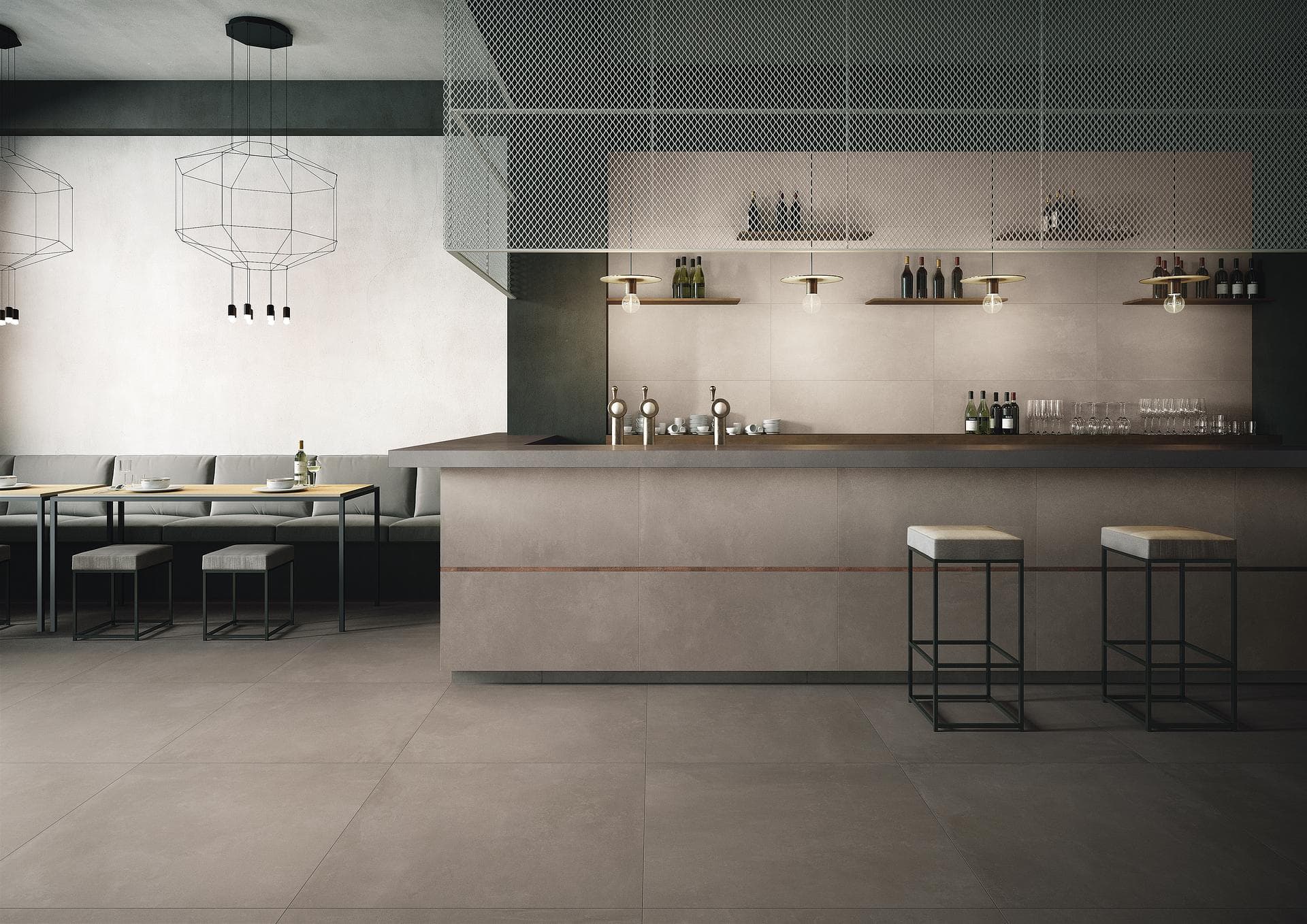 Commercial bar with concrete-effect porcelain View the gallery